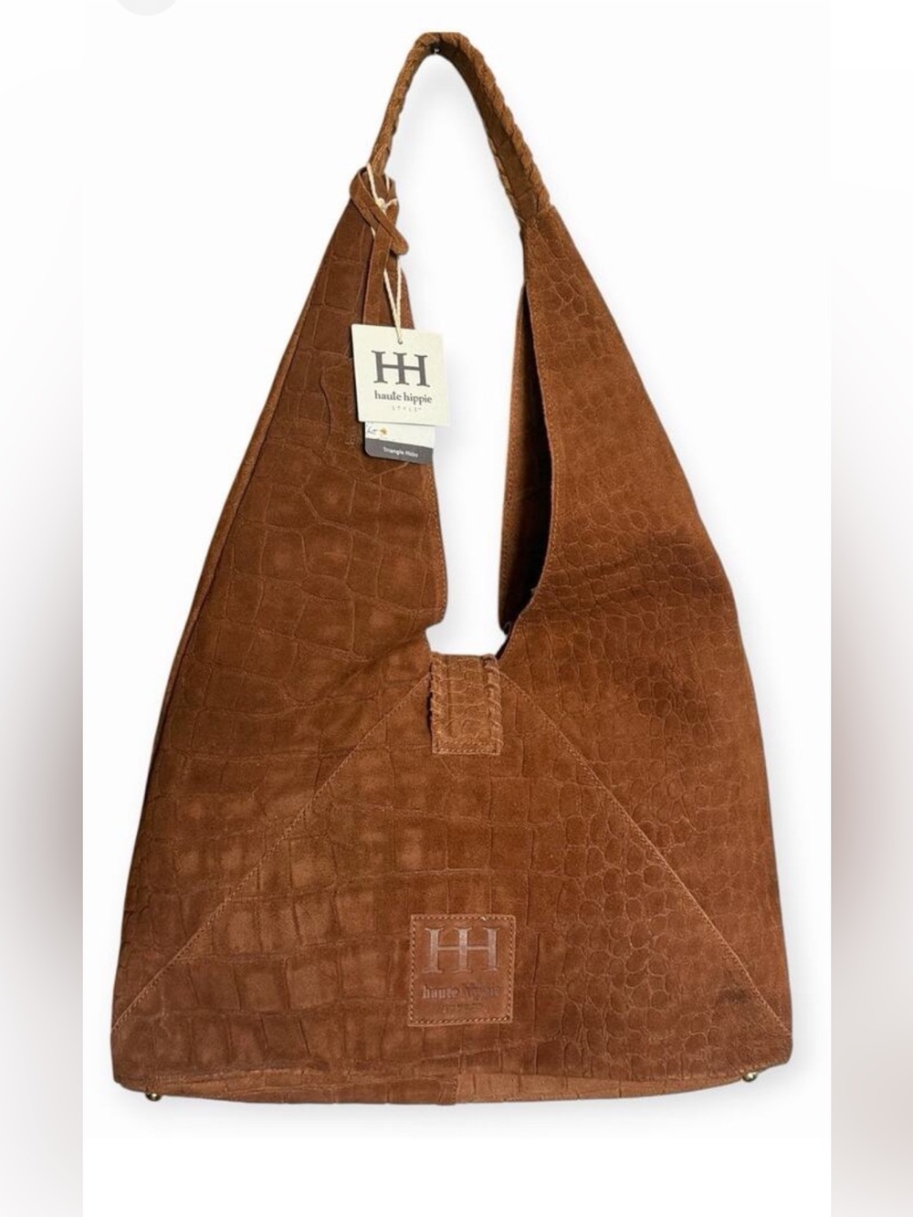 NWT! Haute Hippie Triangle Suede Brown Croc Embossed Hobo Shoulder Bag